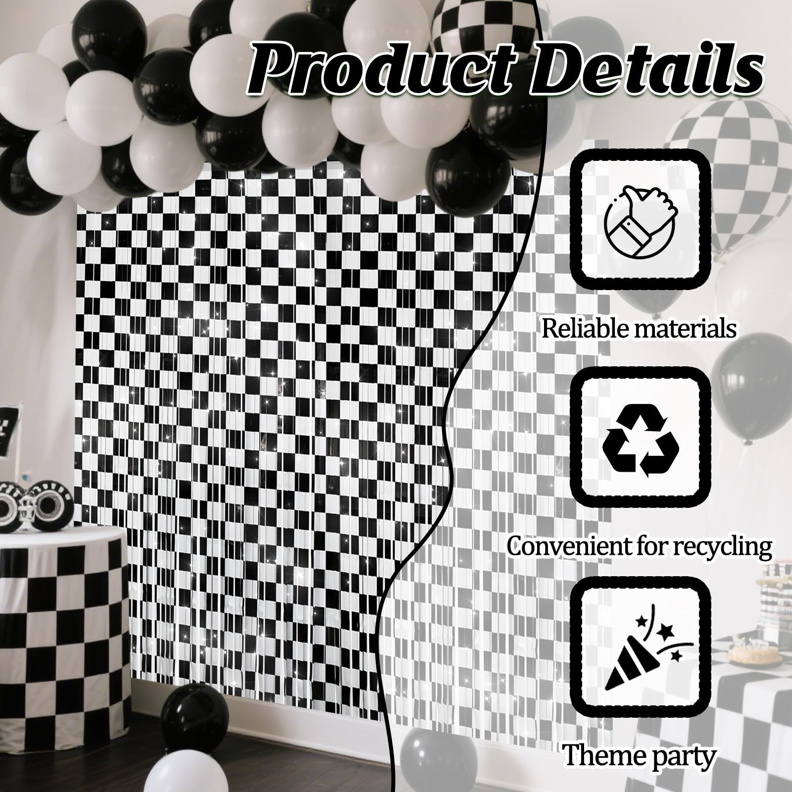 2 PCS Race Car Foil Fringe Curtains Backdrop 3.28×6.56FT Black White Prop