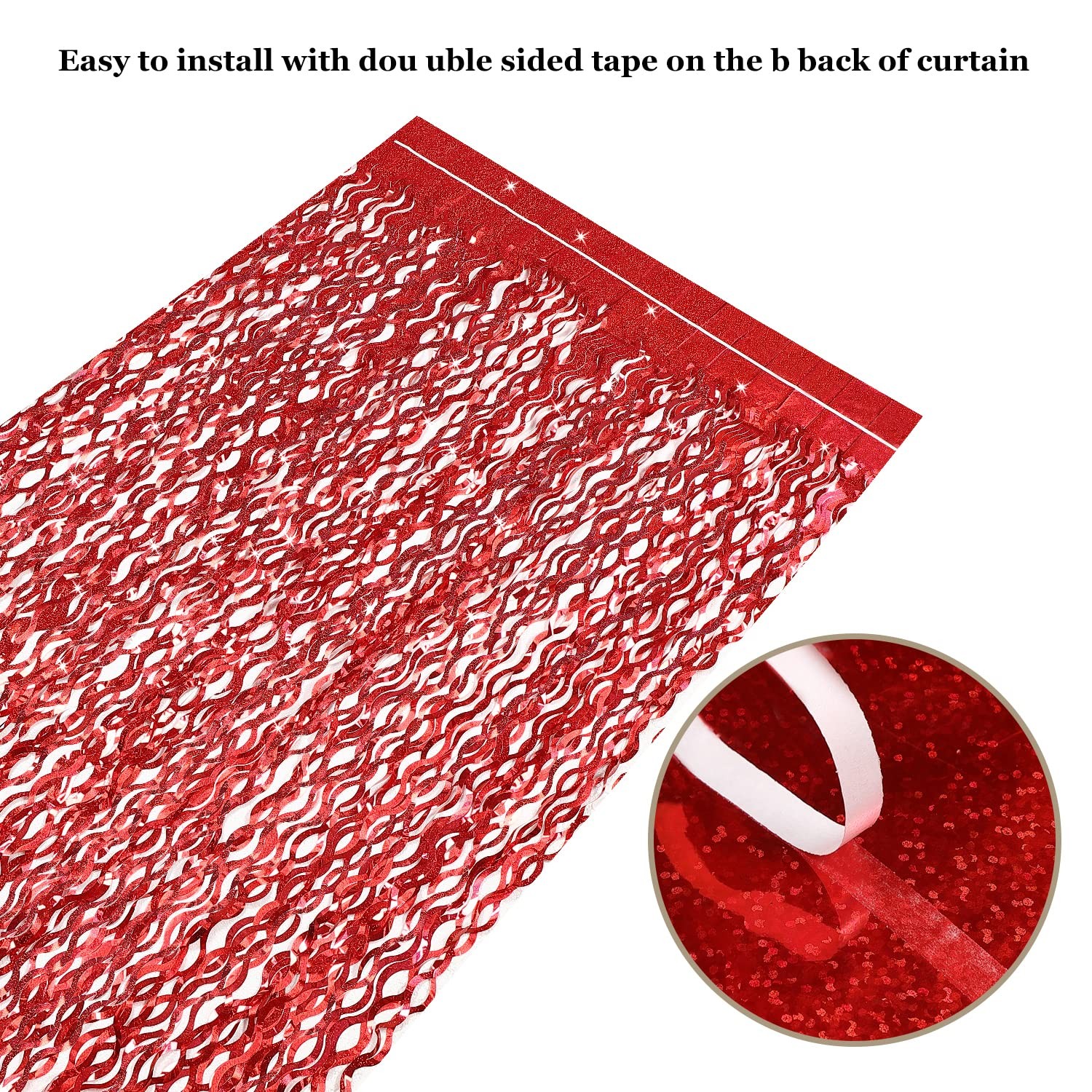 3 Pack Red Foil Backdrop Curtain, 3.3×6.6ft, Streamers, Birthday, Party