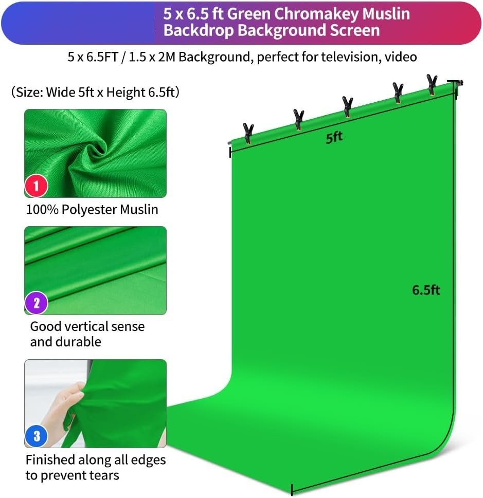 Green Screen Backdrop with Stand Kit 5×6.5ft, Portable Chromakey GreeN 5