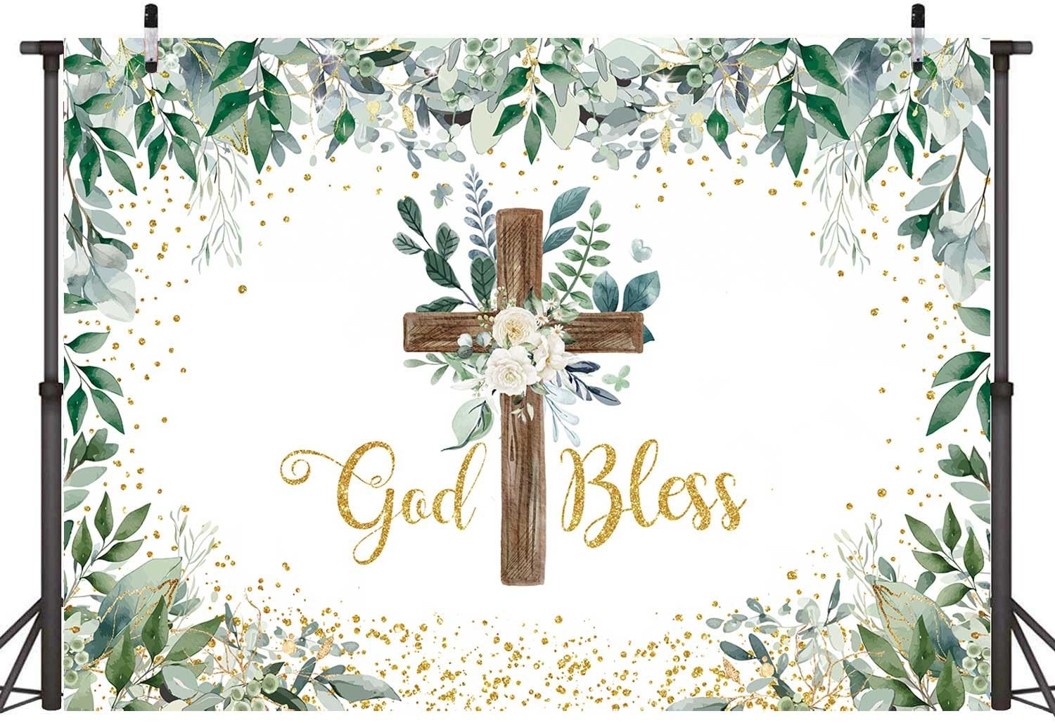 Eucalyptus God Bless Backdrop Greenery Wooden Cross Baptism 75FT Background