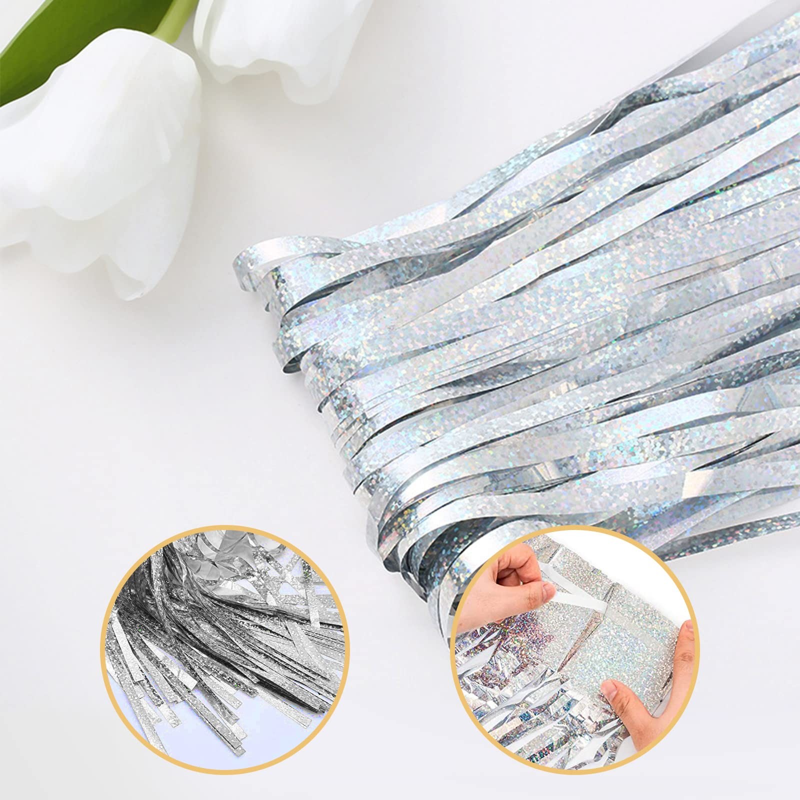 10 PCS Silver Foil Curtain Backdrop 3.2×6.6 Ft Metallic Tinsel Fringe Decor