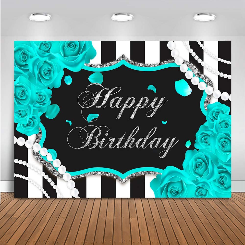 7x5FT Turquoise Floral Birthday Backdrop Black White Stripes Teal Background