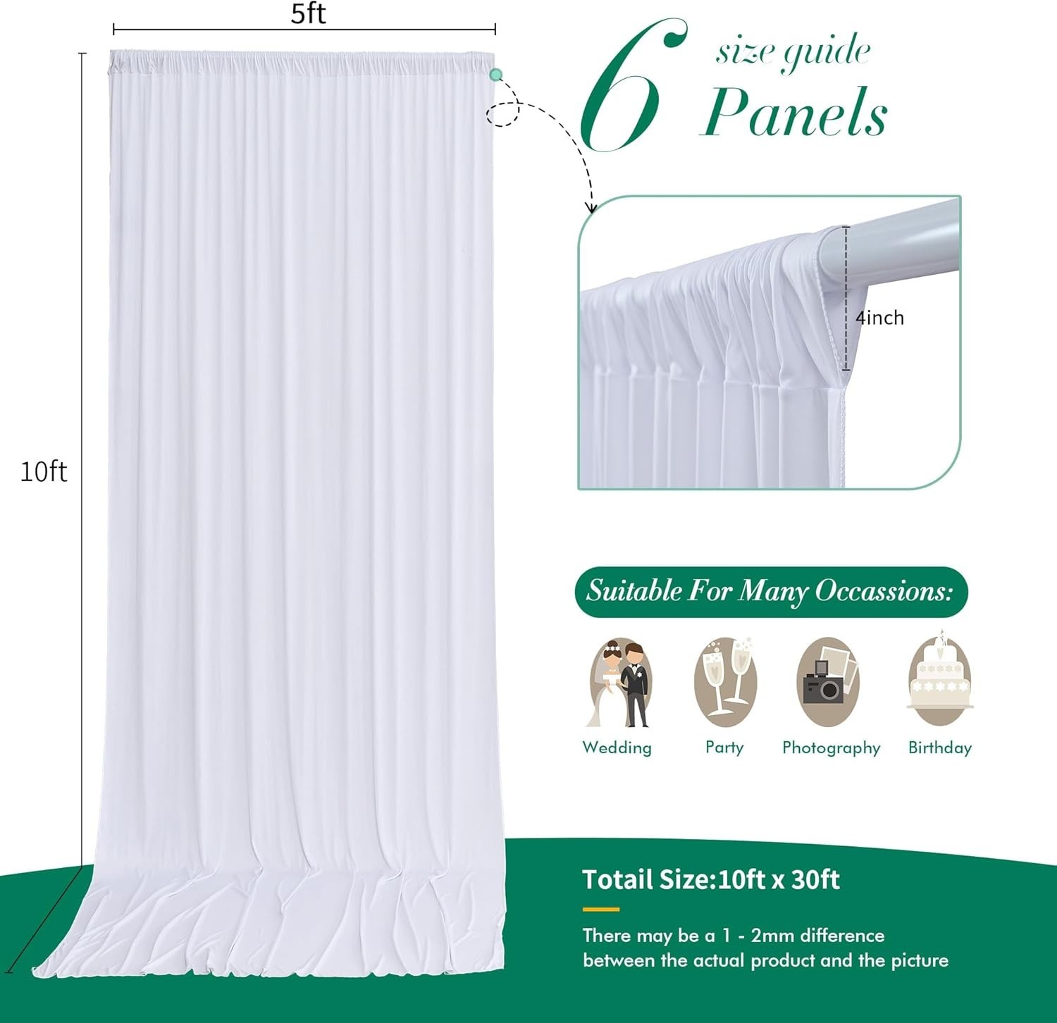 30 ft x 10 ft Wrinkle Free White Backdrop Curtain for Wedding Parties