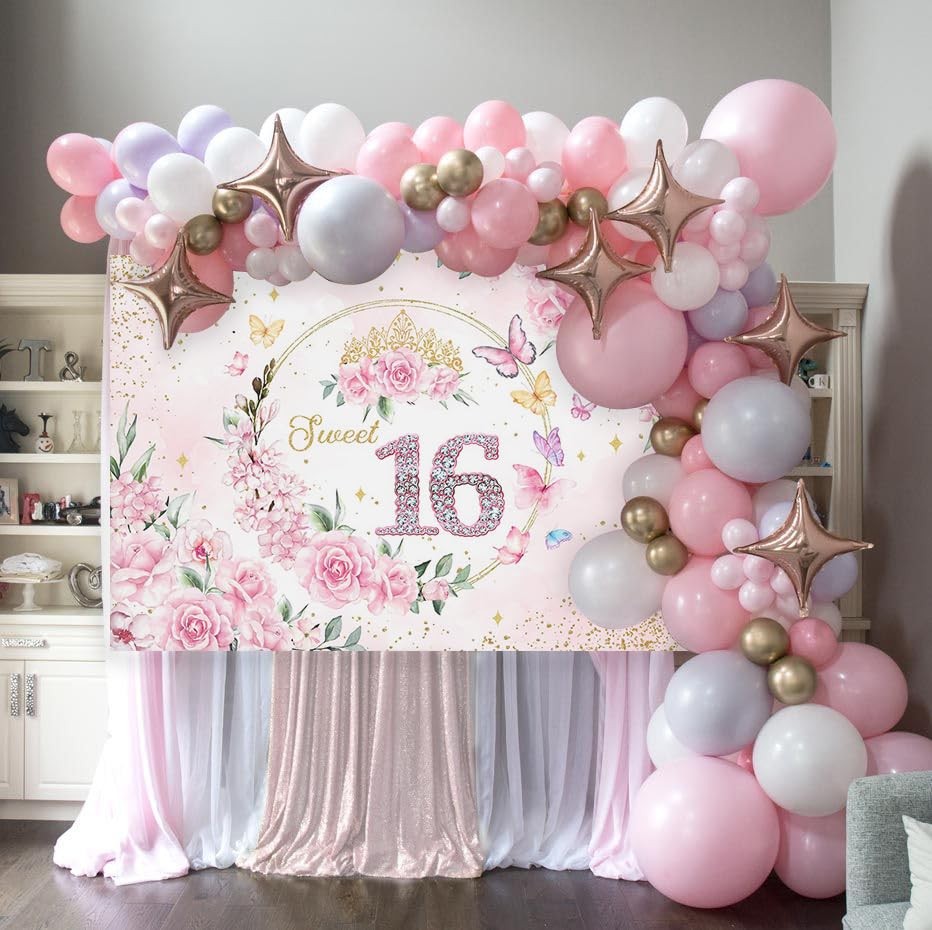 7x5ft Sweet 16 Backdrop Banner Decorations for Girls Birthday Party Pink Flor…