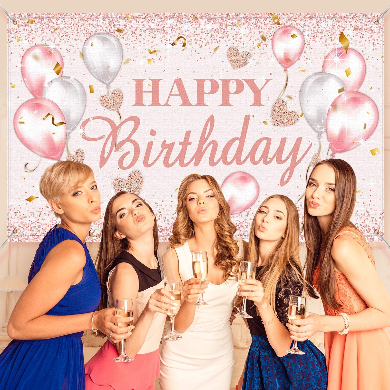 Tatuo Pink and Rose Gold Happy Birthday Party 70.8 x 43.3 inch,