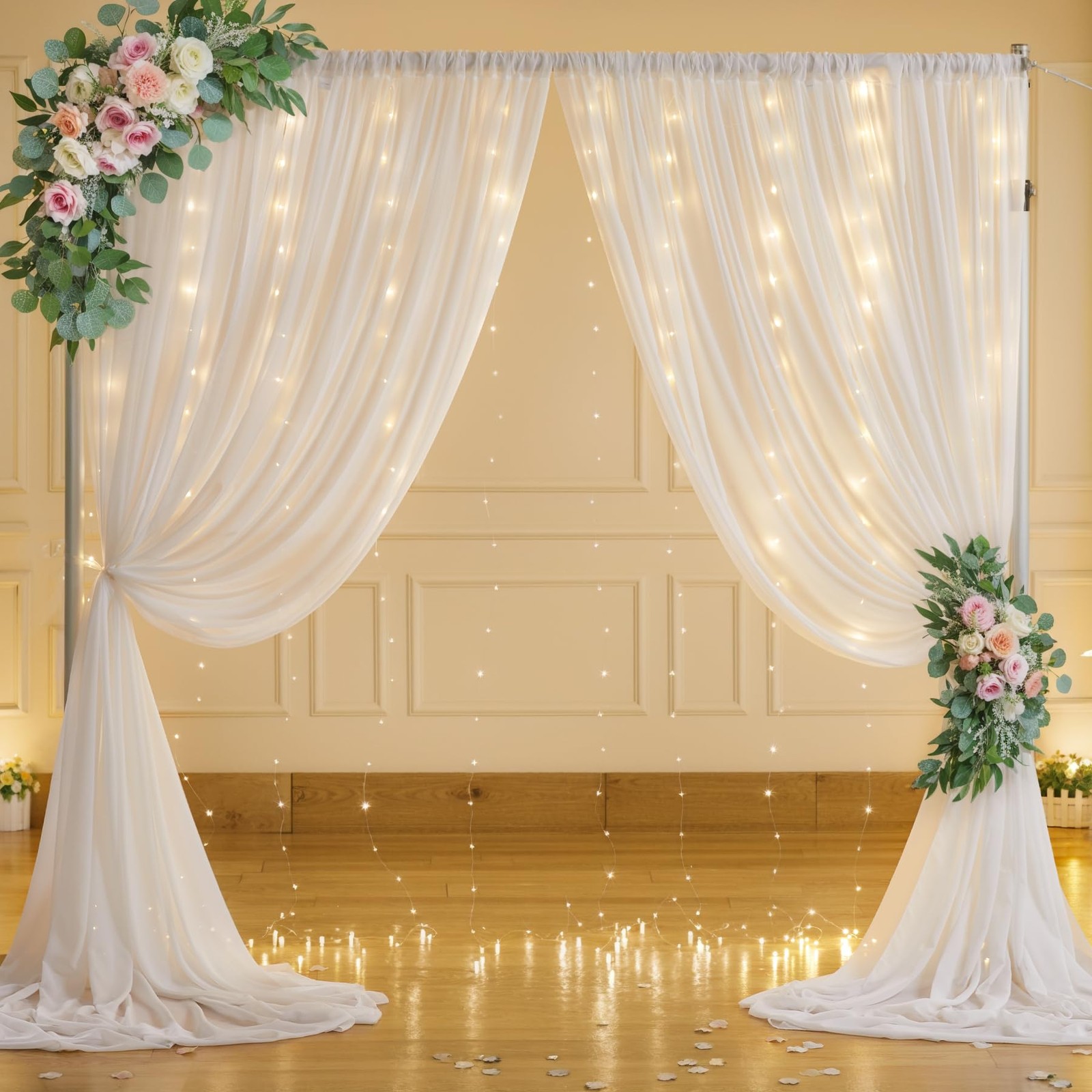 10ft x 7ft White Chiffon Backdrop Curtain Lights String Wrinkle Free Drapes