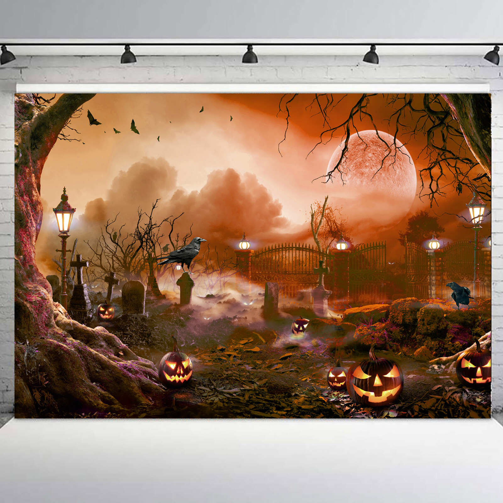 Full Moon Gloomy Spooky Cemetery Crow Halloween Vinyl Backdrop Photo Background