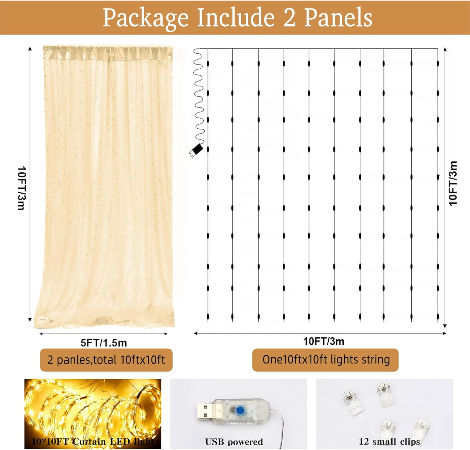 Champagne Pearl Tulle Backdrop with LED Lights for Weddings & Events