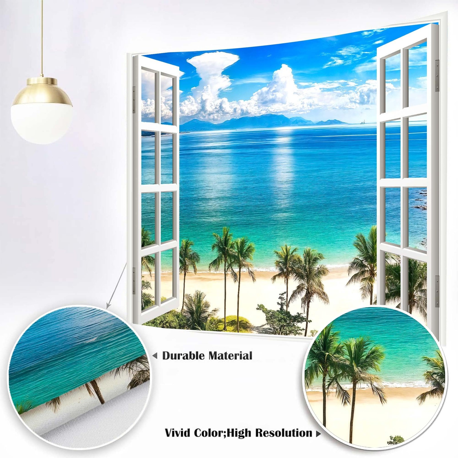 Summer Beach Window Backdrop Hawaii Tropical Island Palm Ocean 6×4 Ft Prop