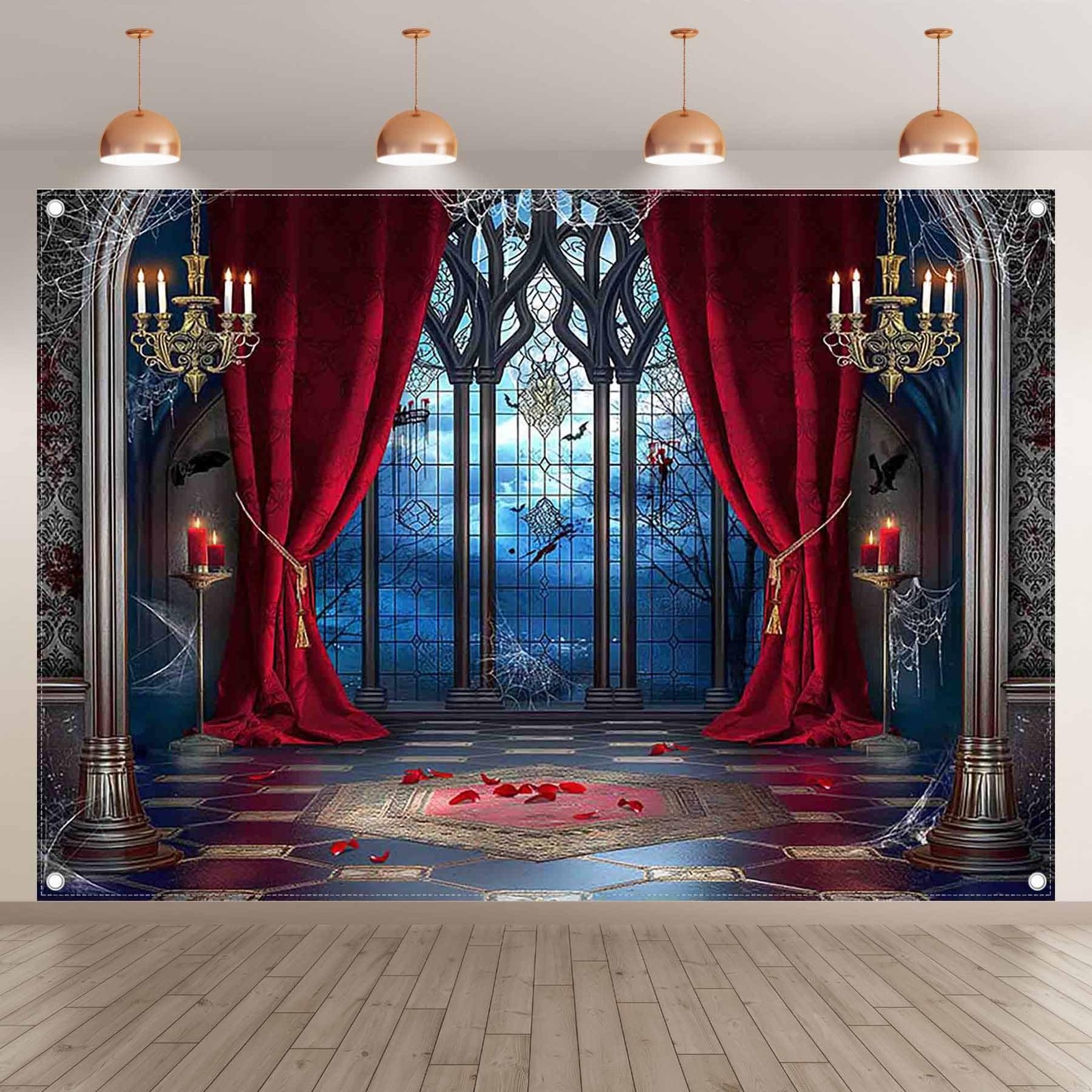 7x5ft Fabric Halloween Vampire Medieval Castle Backdrop Gothic Window Red Cur…