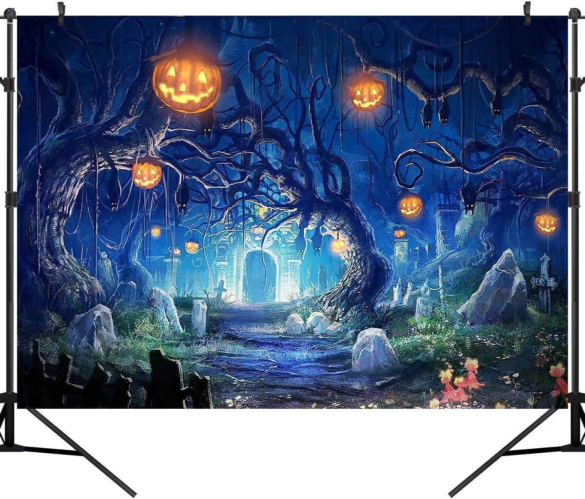 7X5FT Halloween Theme Forest Scary Scene Pumpkin Pictorial Cloth Photography Bac
