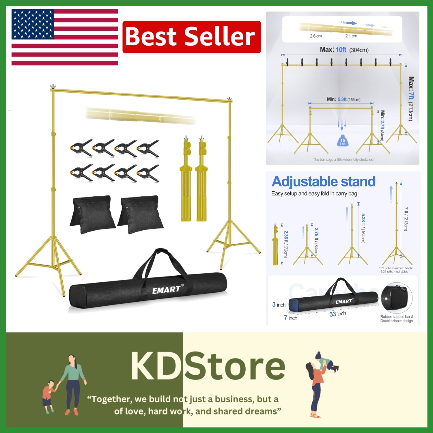 Sturdy 10x7ft Backdrop Stand with Crossbars & Sandbags for Events – Gold Finish