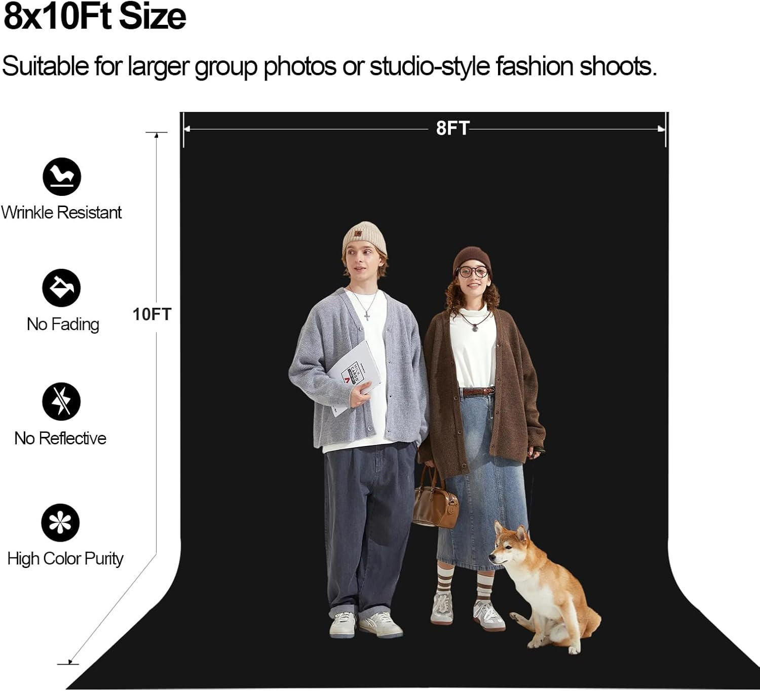 8X10 FT Black Backdrop for Photography, Large Black Screen for Portraits, Backgr
