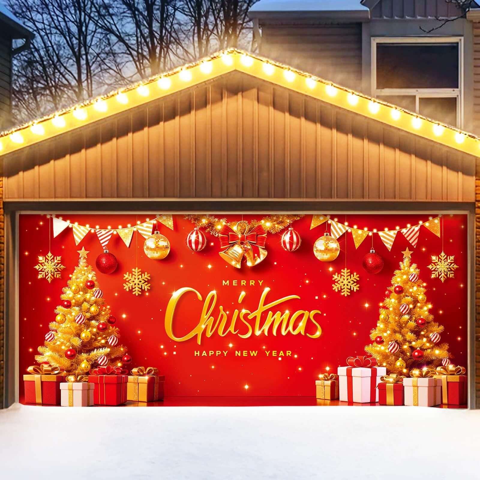 YUSPENYE Christmas Garage Door Cover Decor, 7x16ft Outdoor Party Backdrop