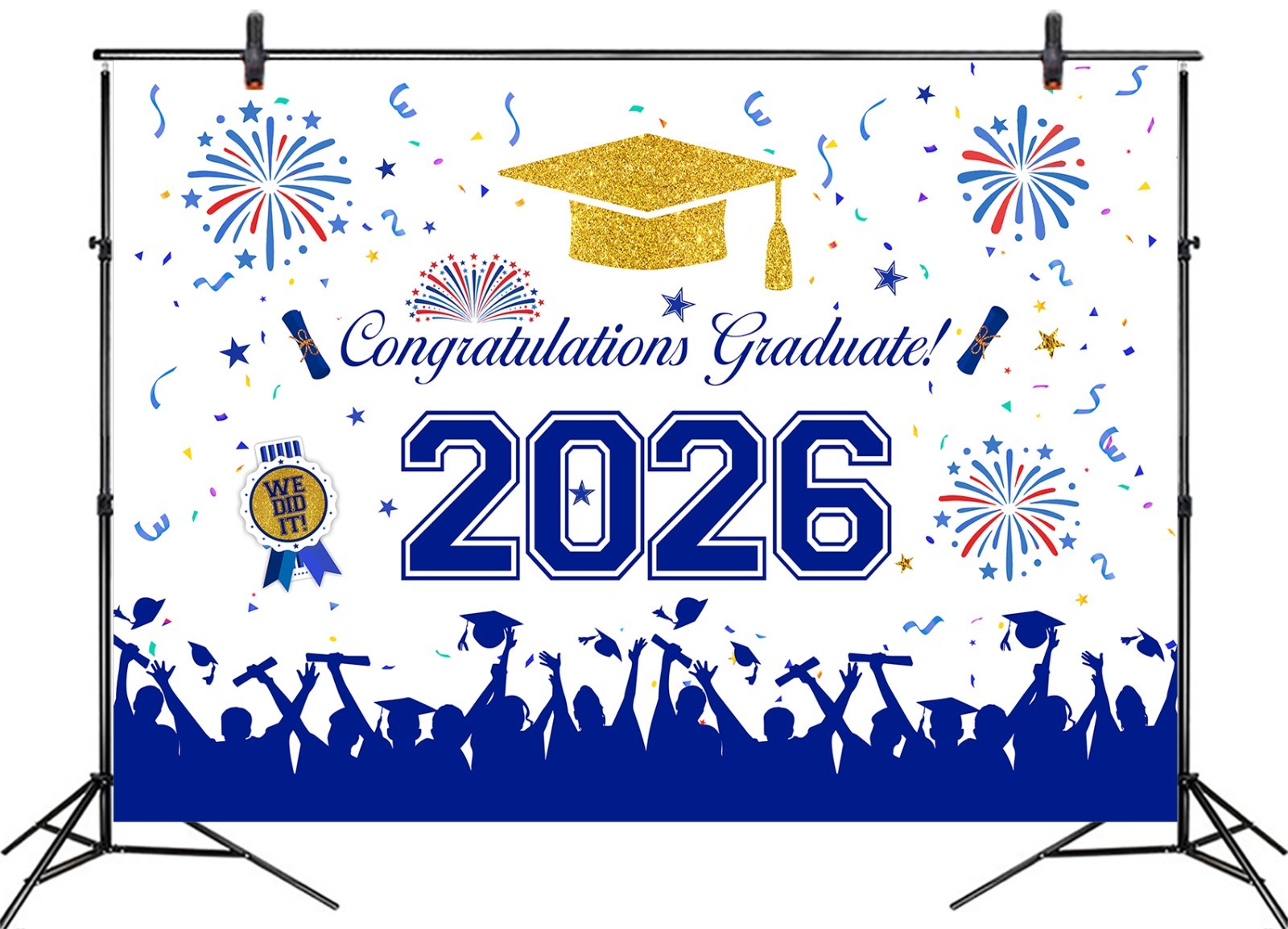 10x8ft Graduation 2026 Backdrop Banner Blue Gold Congrats Grad Photo Background