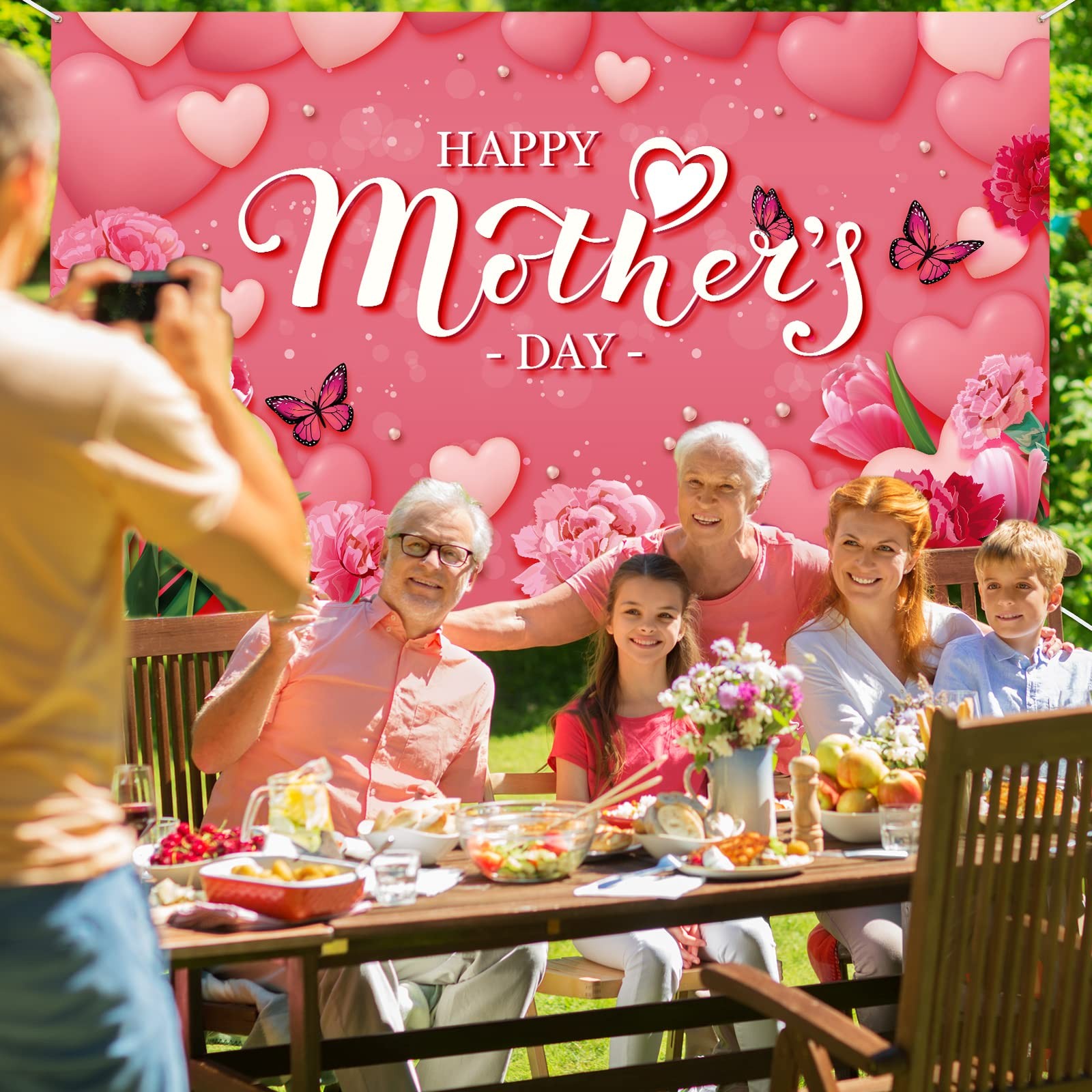 Happy Mother’s Day Banner 72.8 x 43.3 Inch Red Flowers Mothers Day Backdrop Larg