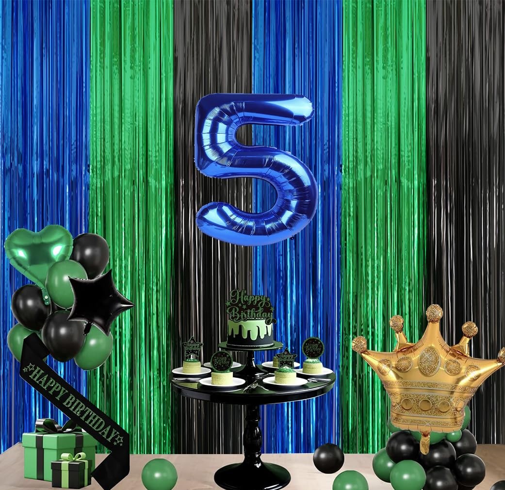 3.3×6.6 Ft Blue Green Black Metallic Tinsel Foil Fringe Backdrop Streamers 2 PCS