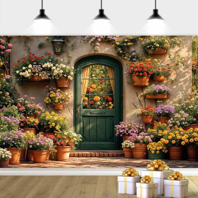 Floral Photography Backdrop Spring Garden Wooden Door Photo Props 7×5 Feet