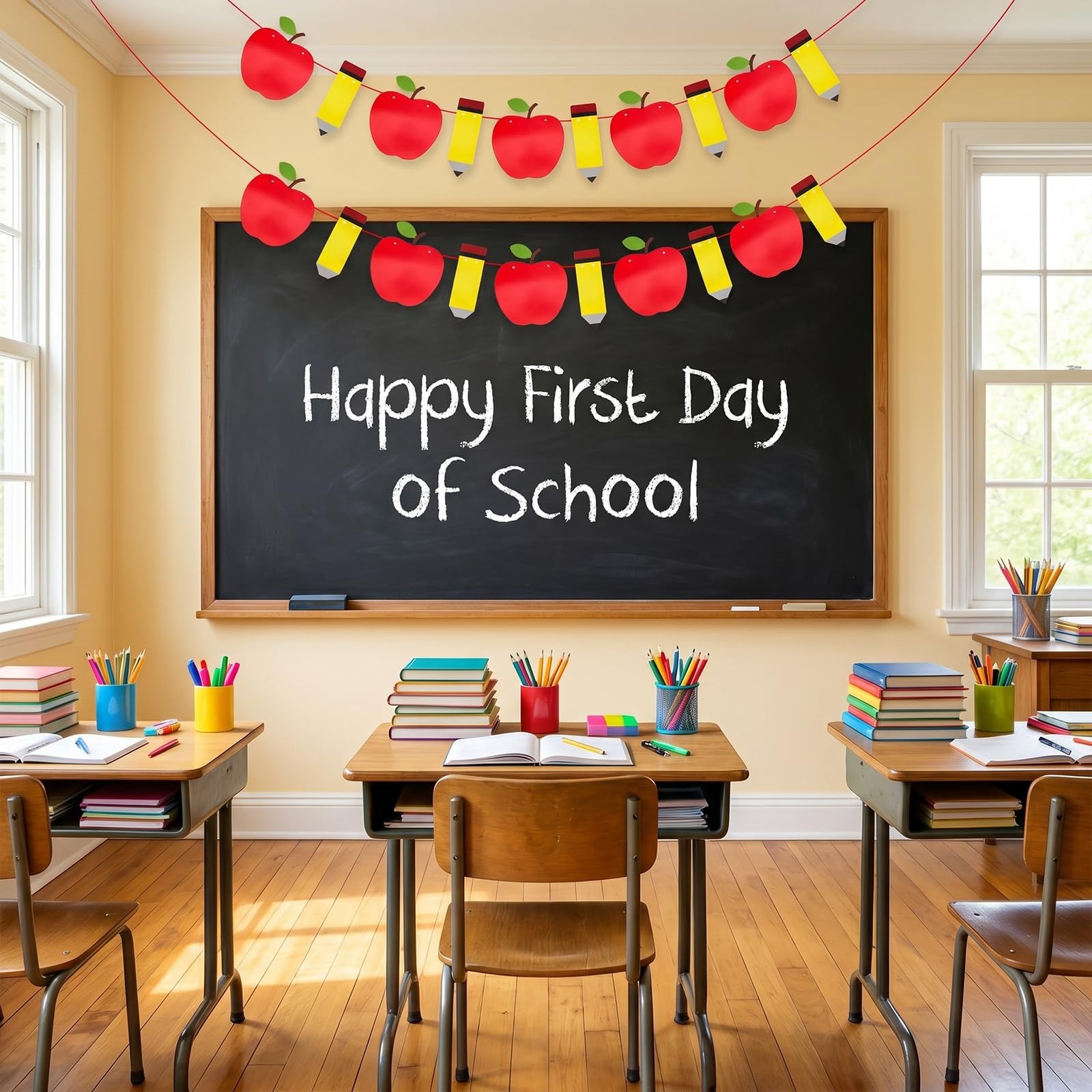 2pcs Back to School Decorations Pencil Apple Garland Banner Hanging Decor for…
