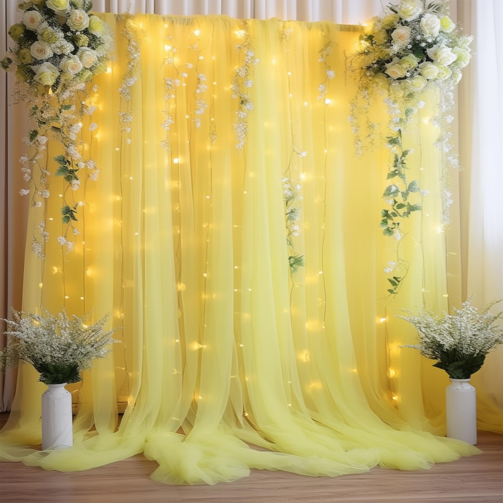 108ft Yellow Tulle Curtain Backdrop With Lights String Wedding Party Drapes