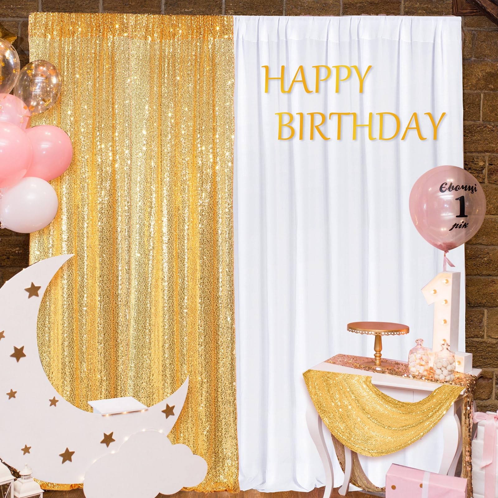 4 PCS Backdrop Curtains 2 Sequin Glitter 4×10 ft 2 Chiffon 7×10 ft White Gold