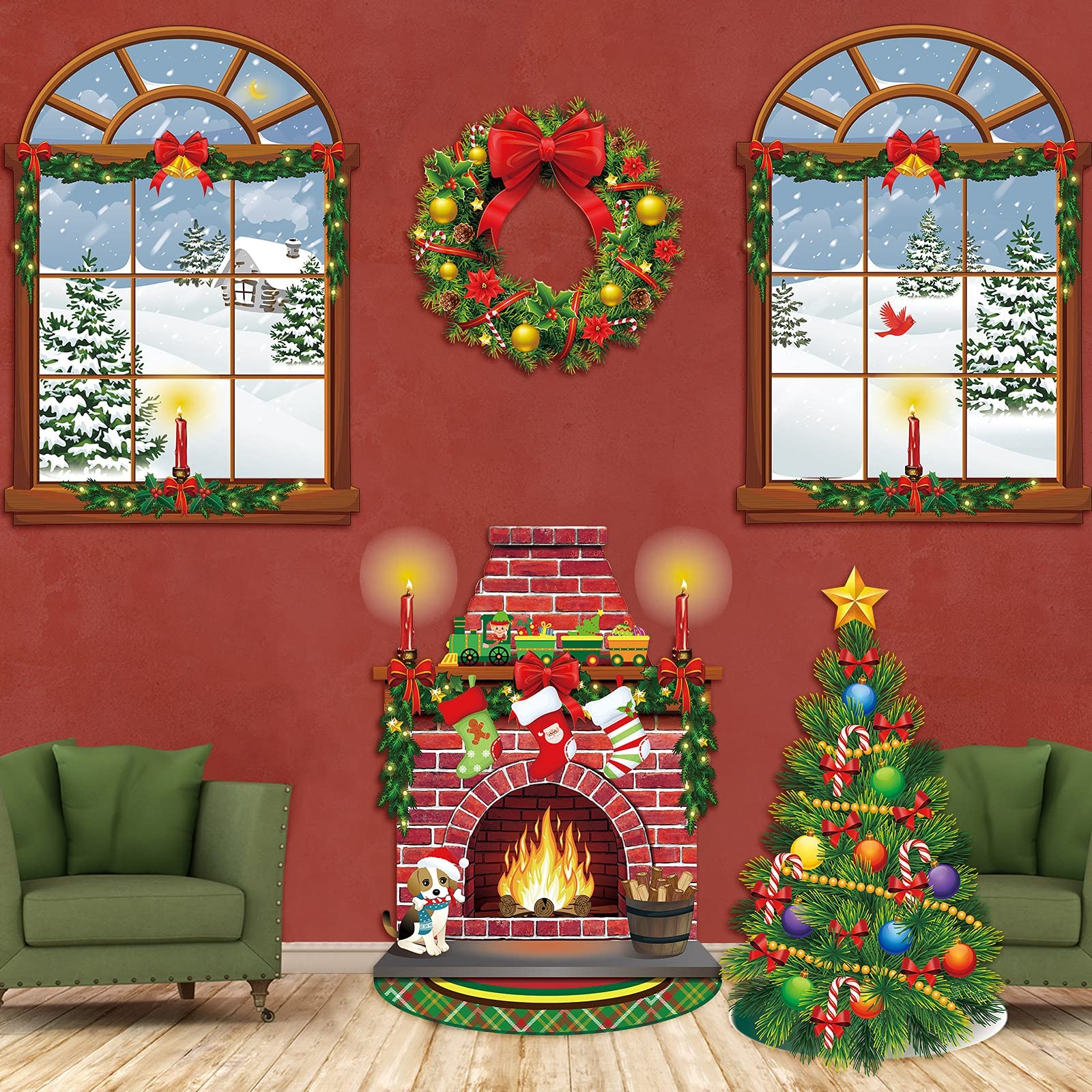Christmas Wall Decor Fireplace Backdrop Window Winter Tree Background Cute