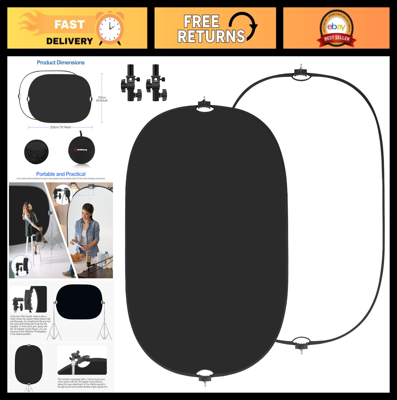 5×6.6ft Black/White 2-in-1 Photography Backdrop, Collapsible with Carry Case & H
