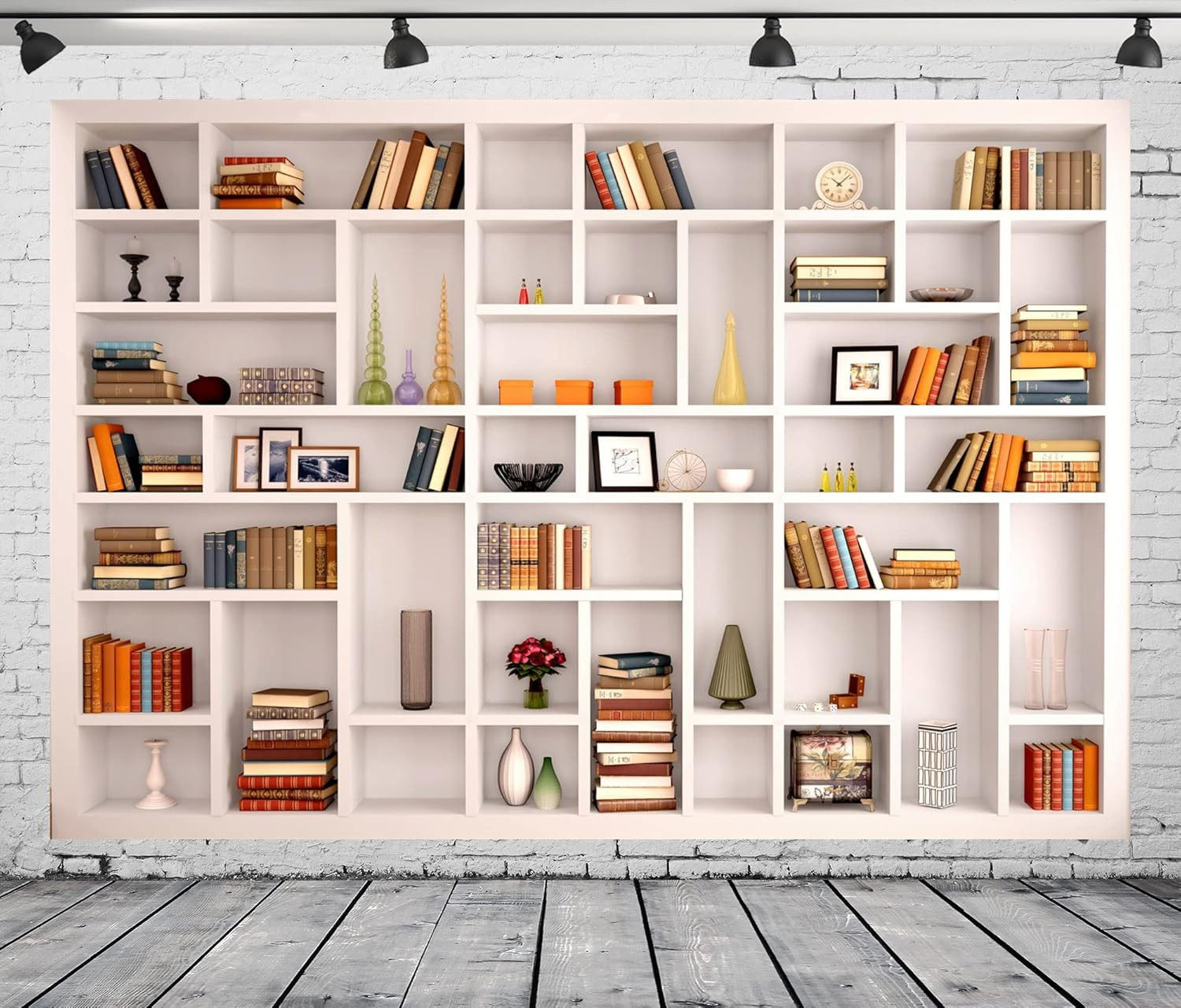 7x5ft Fabric White Bookshelf Backdrop Library Modern Office Bookcase Backdrop Ho