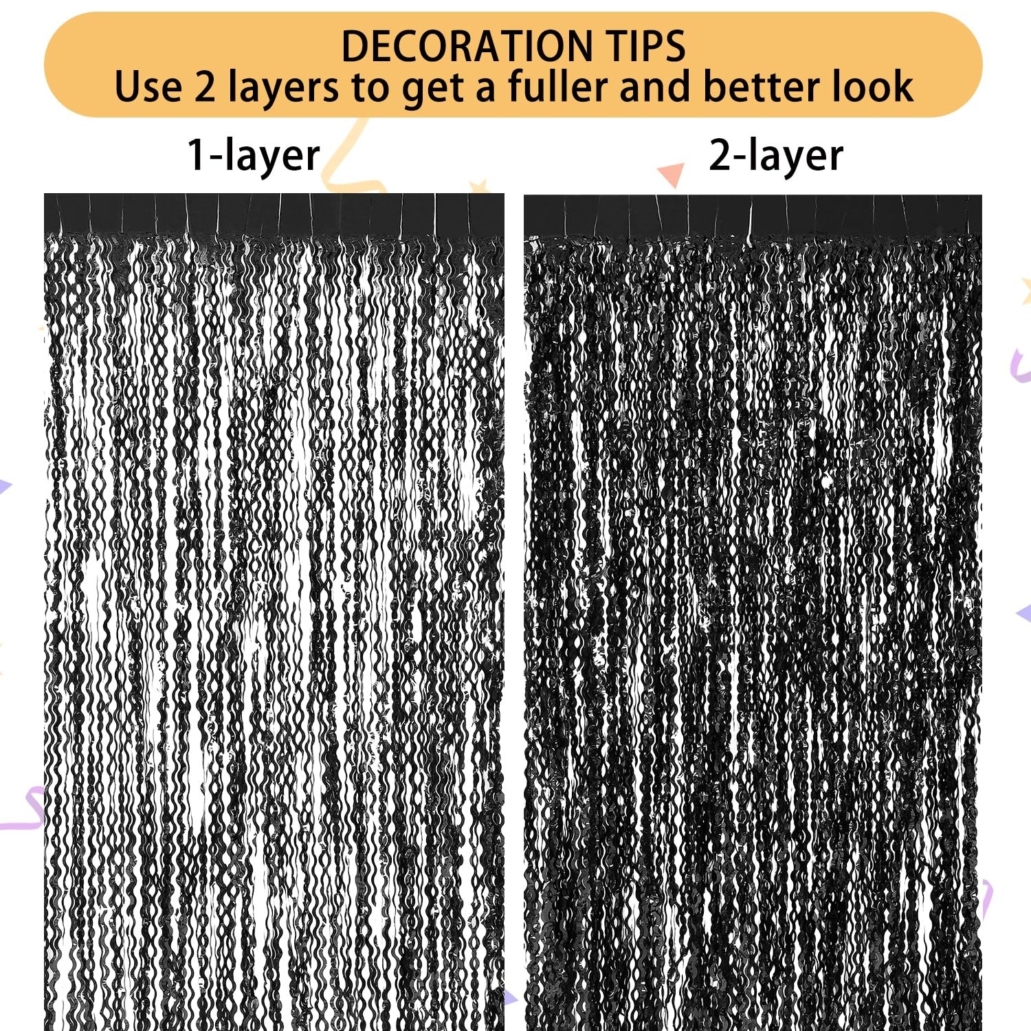3 PCS New Years Wavy Black Tinsel Foil Fringe Curtain Backdrop 3.3×6.6 FT