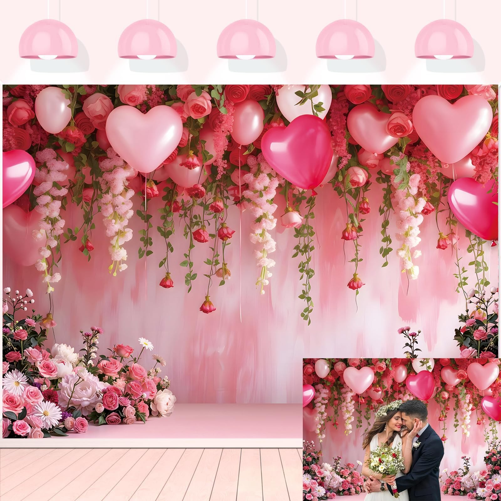 Flowers Wall Backdrop Pink Flowers Love Heart Balloons Romantic Photography B…