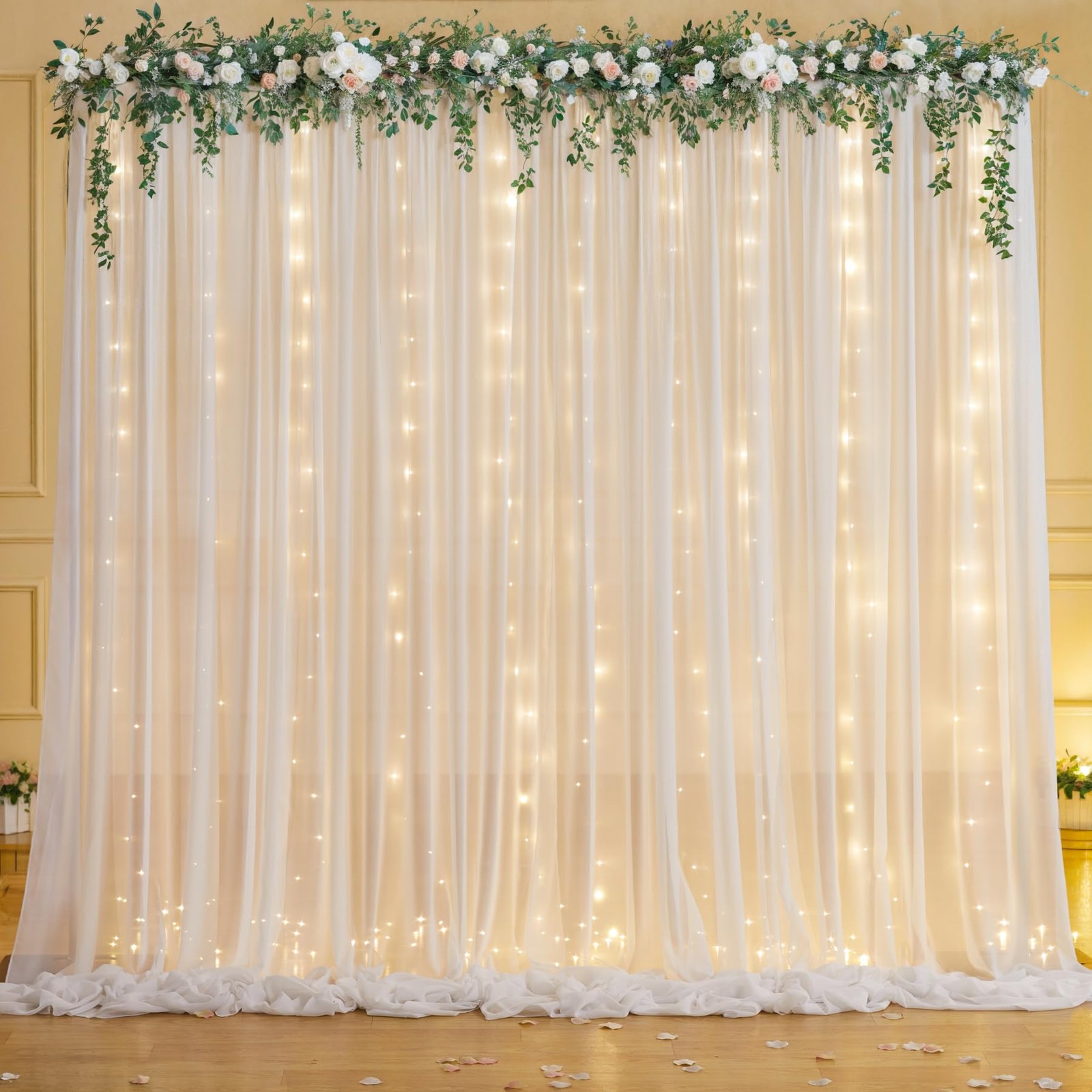 10ft x 7ft White Chiffon Backdrop Curtain Lights String Wrinkle Free Drapes