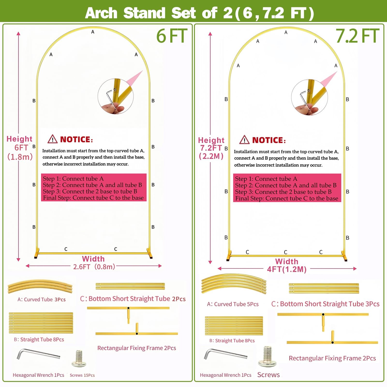 Metal Arch Backdrop Stand 7.2FT+6FT Wedding Arch Backdrop Stand Set of 2 Gold…