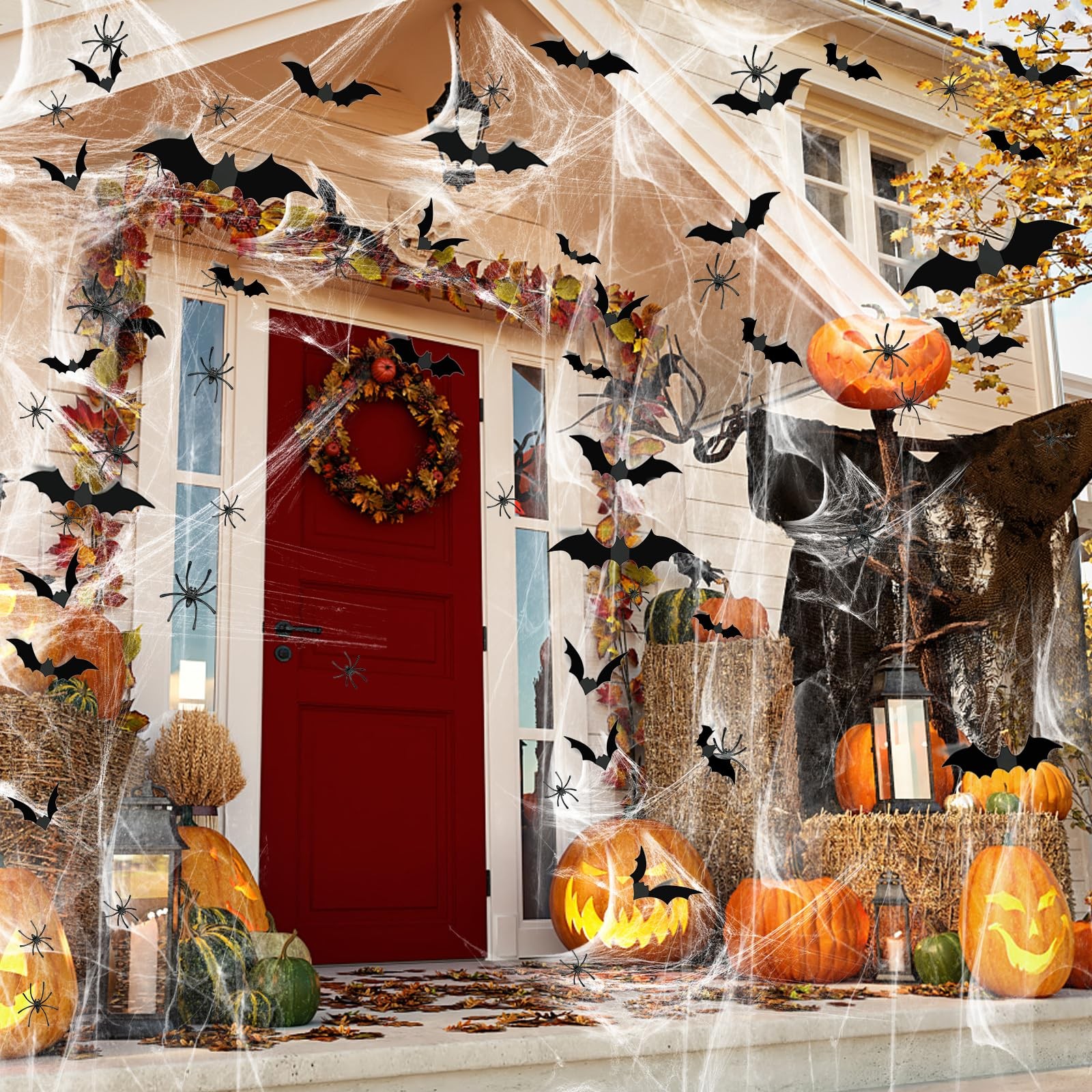 Halloween Spider Webs &120pcs Fake Bats 50pcs Fake Spiders Decoration 1200 sqft