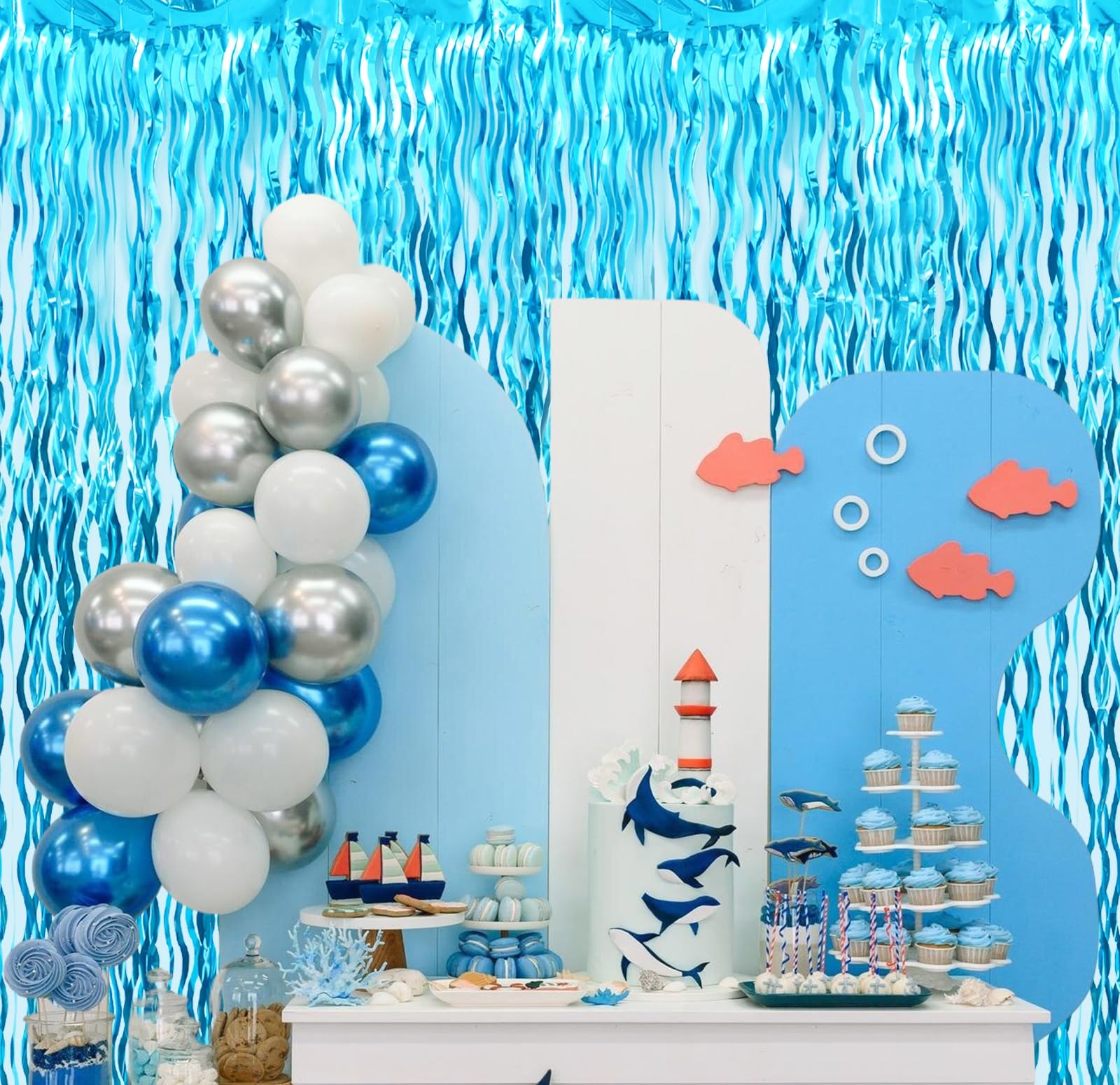 3 Pcs Wavy Light Blue Tinsel Foil Fringe Curtains, Party Photo Backdrop, Decor