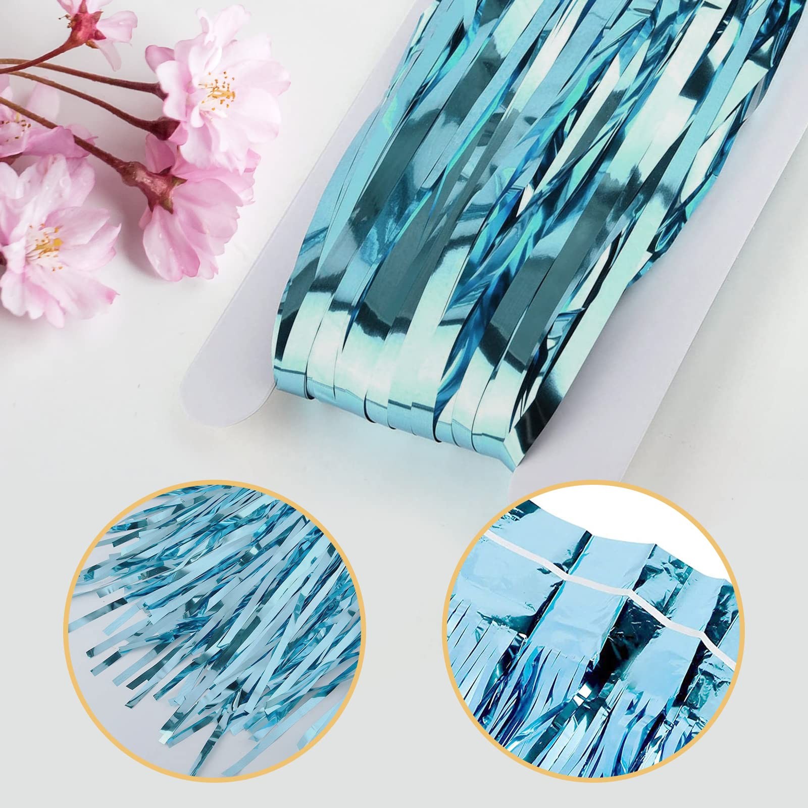 5 PCS Light Blue Foil Curtain Backdrop 3.2×9.8ft Metallic Tinsel Fringe Photo