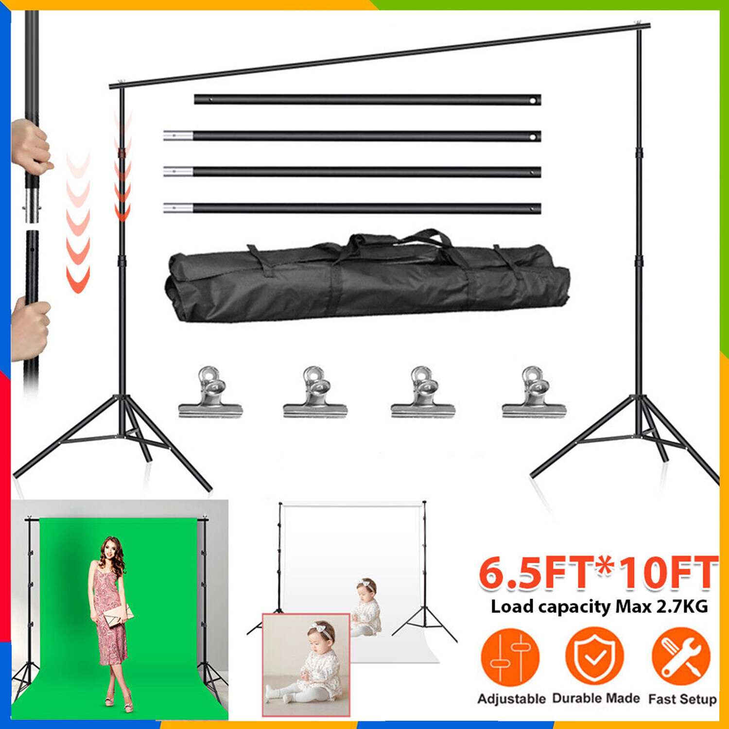 10ft Adjustable Backdrop Support Stand Photography Background Photo Crossbar Kit