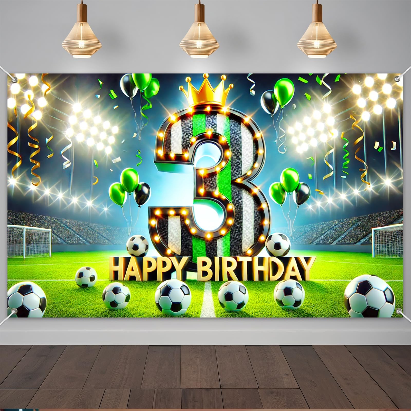 Soccer 3rd Birthday Backdrop Banner 71×43 Inch Black Green White Crown Stadiu…