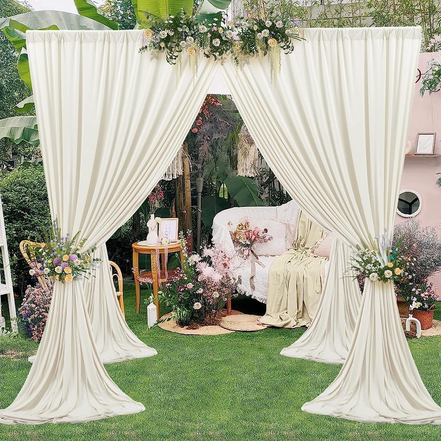 10ft x 10ft Wrinkle Free Ivory Backdrop Curtains for Parties, Polyester Photo…