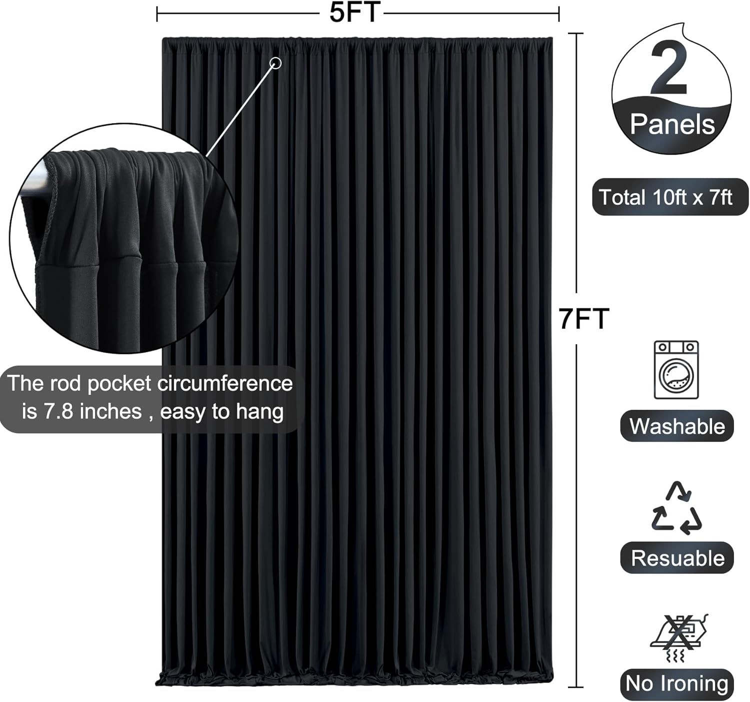 Elegant 10ft x 7ft Black Backdrop Curtains – Set of 2 for Parties & Weddings
