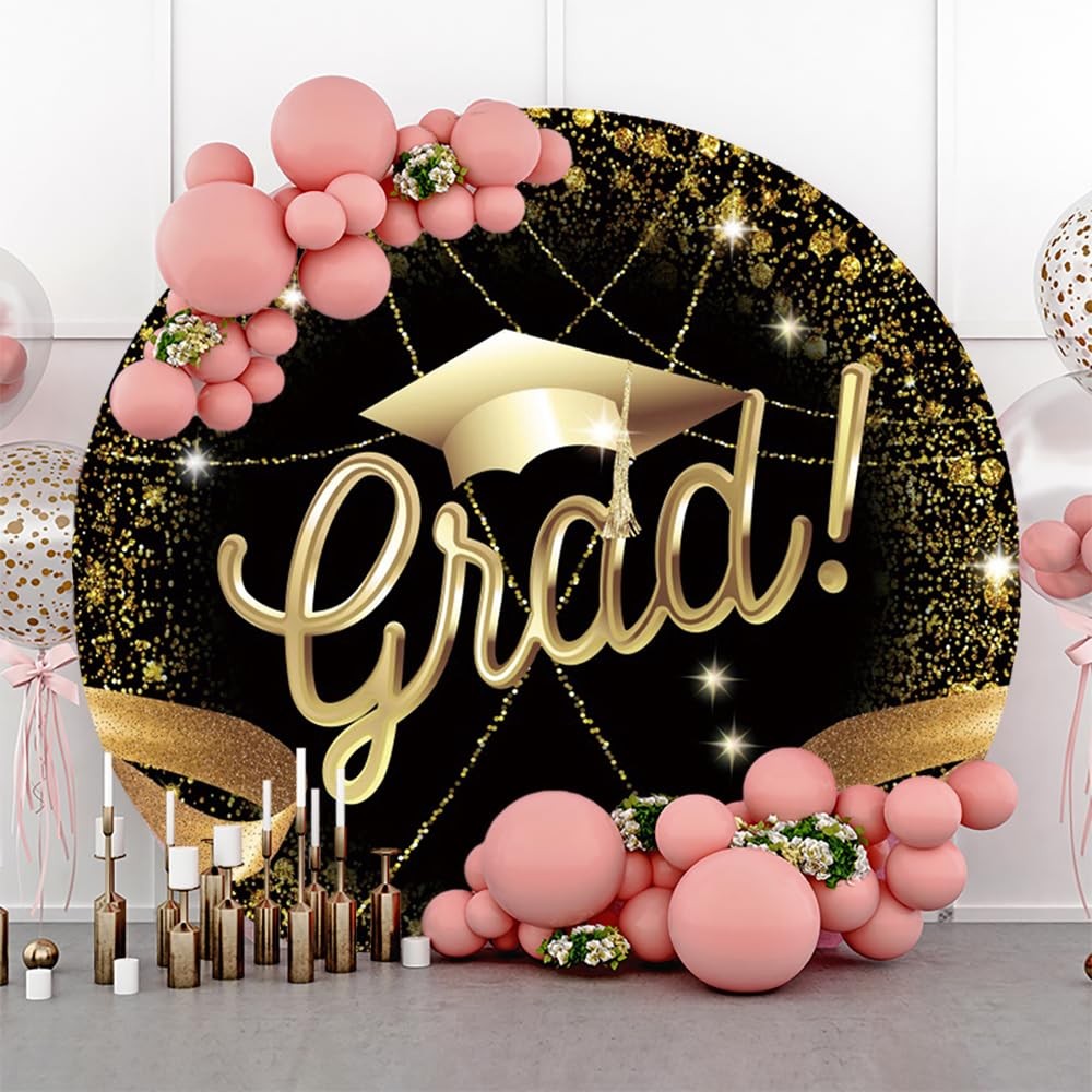 Renaiss 7.5×7.5ft Grad Cap Round Backdrop Covers Glittering Golden Ribbon Bla…