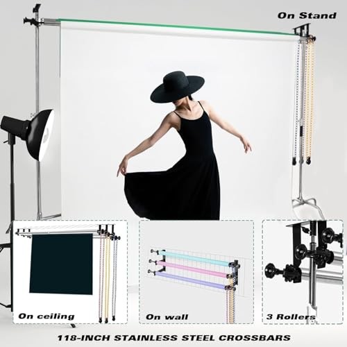 Photography Backdrop 3 Roller Support System, 118 inch Stainless Steel