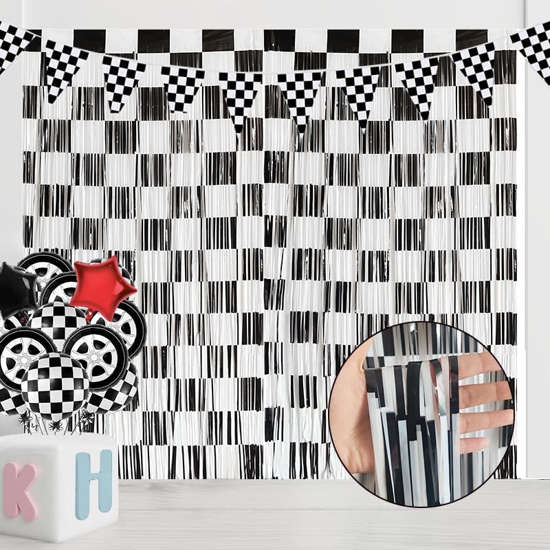 PintreeLand 2PCS Race Car Foil Fringe 3.28 Feet X 6.56 Feet, Black And White