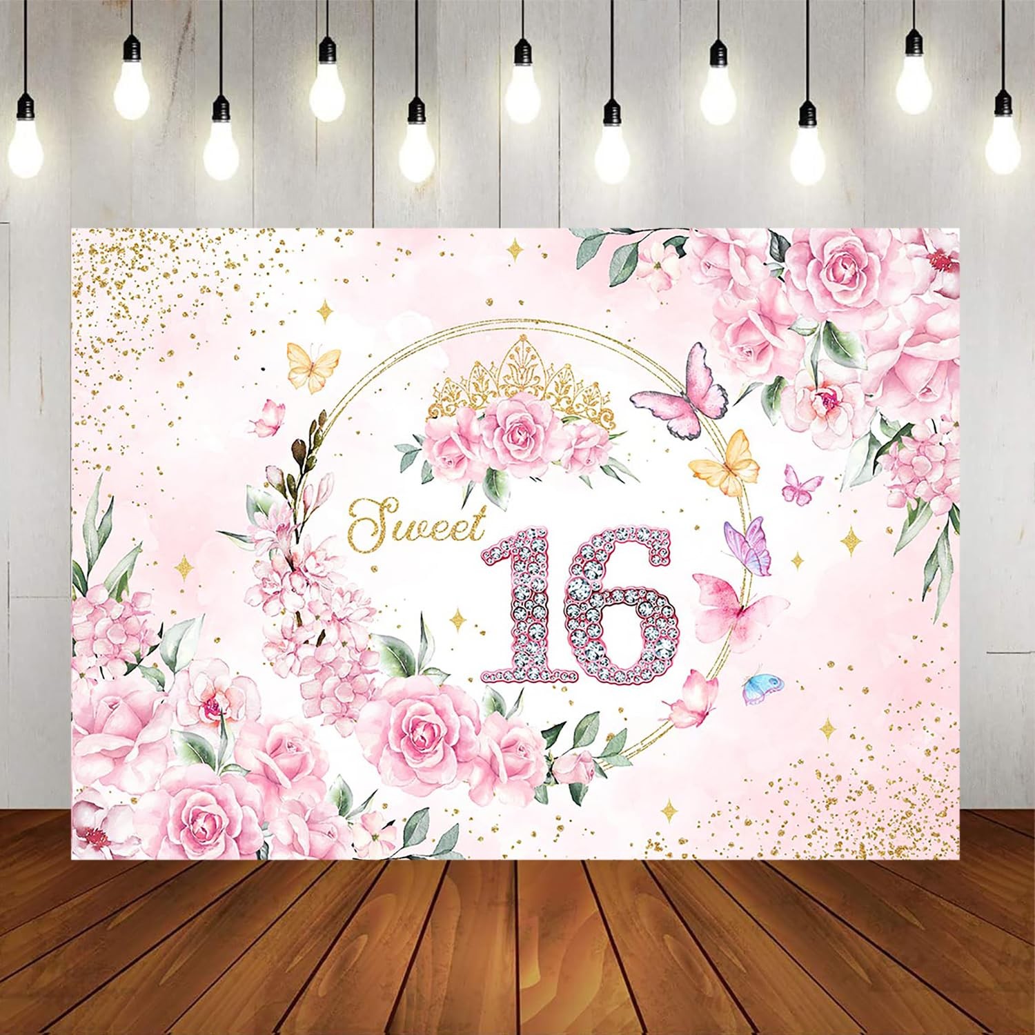 7x5ft Sweet 16 Backdrop Banner Decorations for Girls Birthday Party Pink Flor…