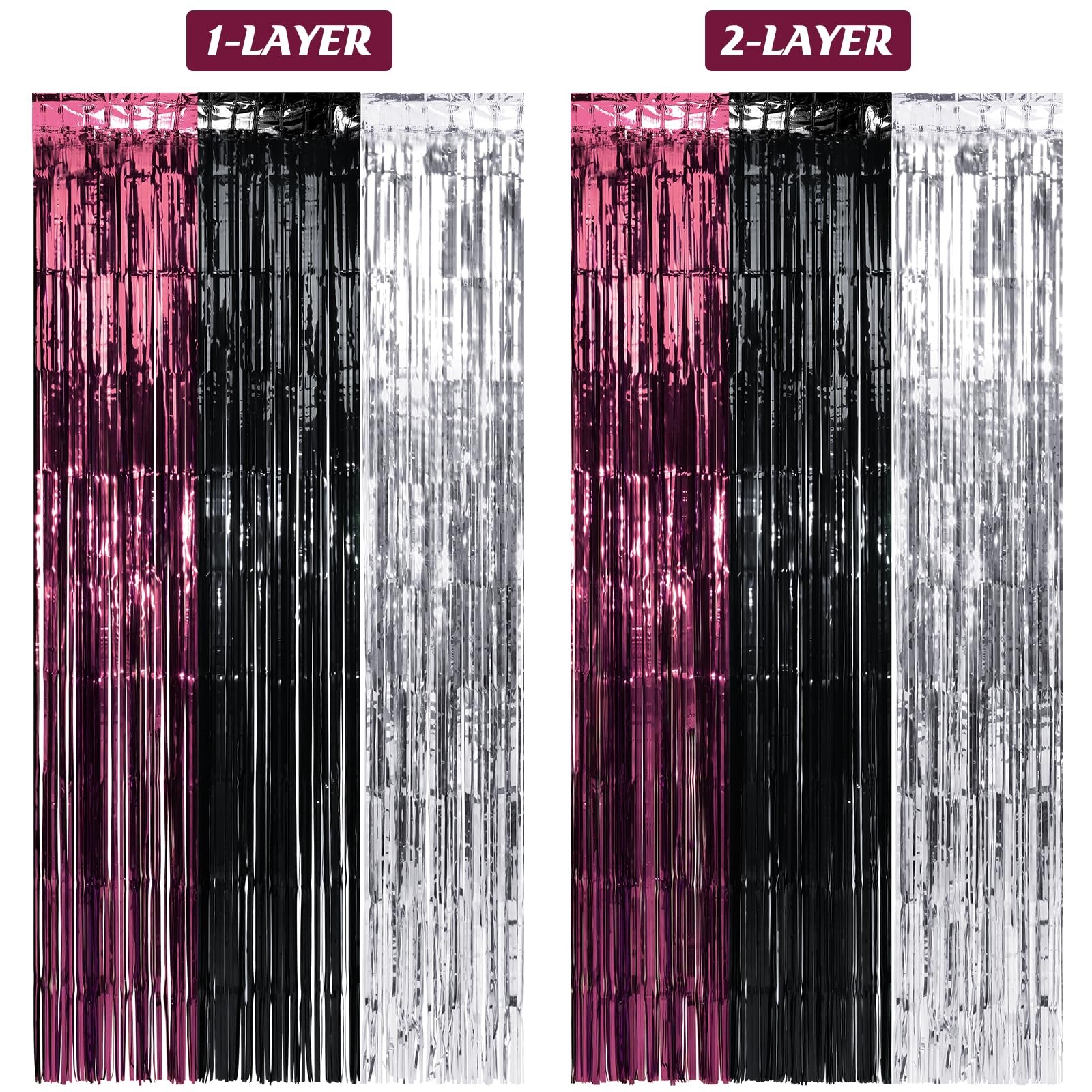 Graduation Foil Fringe Curtain Backdrop Maroon Black Silver 6.6 Ft 3 Pack