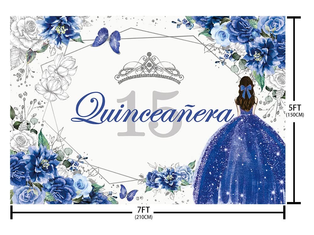Sendy 7x5ft Quinceanera 15th Birthday Backdrop for Sweet 7x5ft, Blue,Silver