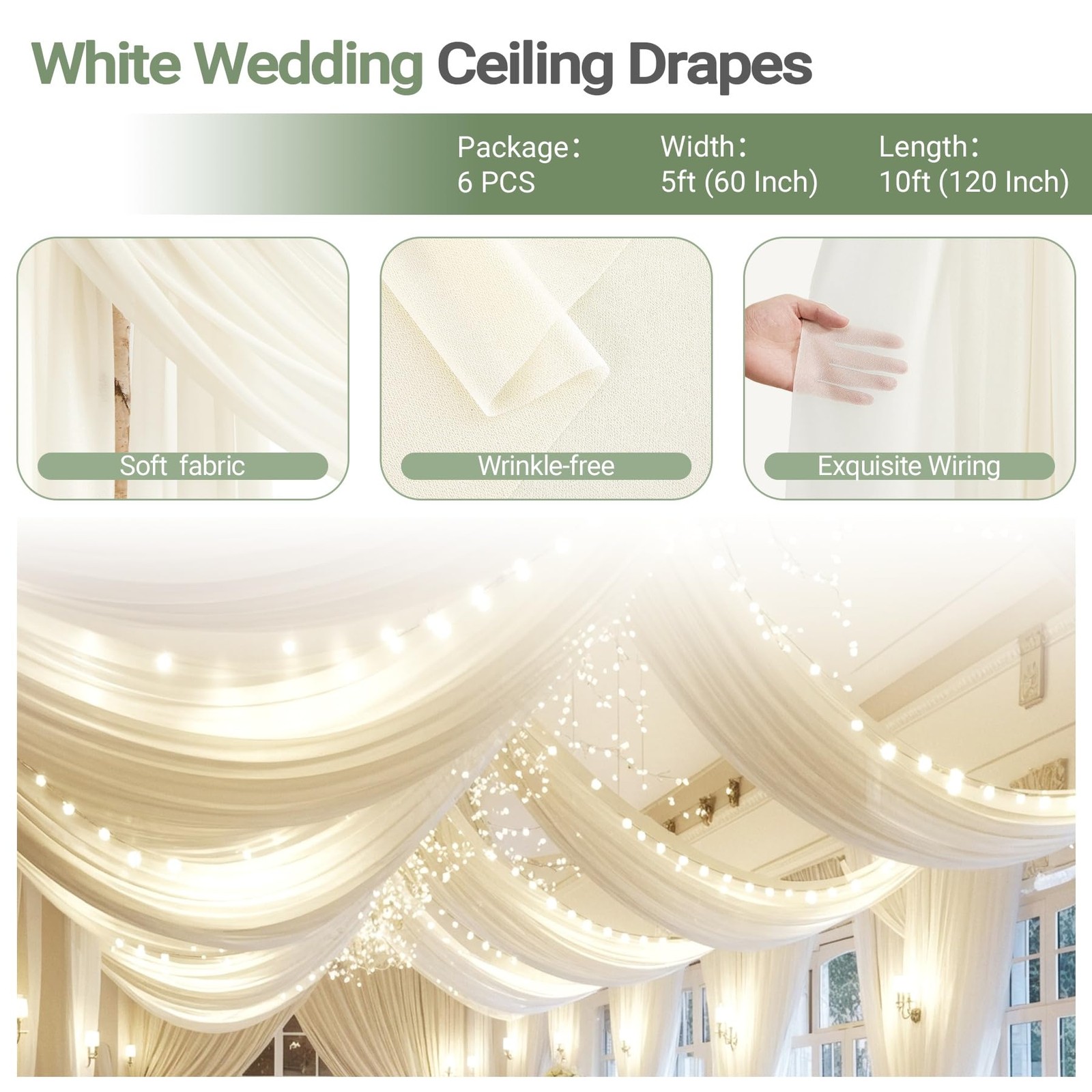 Ivory Ceiling Drapes with Lights – String Drapes for Wedding & Party Decorations