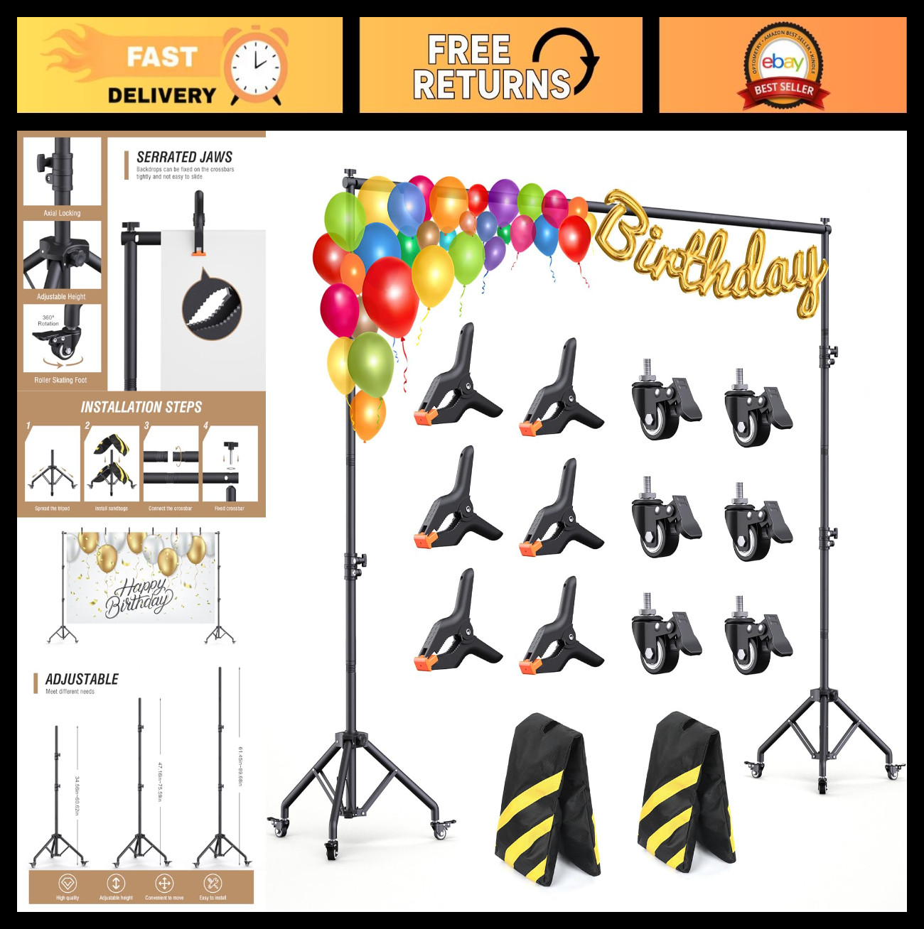 Adjustable Backdrop Stand with Wheels 10×7.5ft – Heavy Duty Photo & Video Suppor