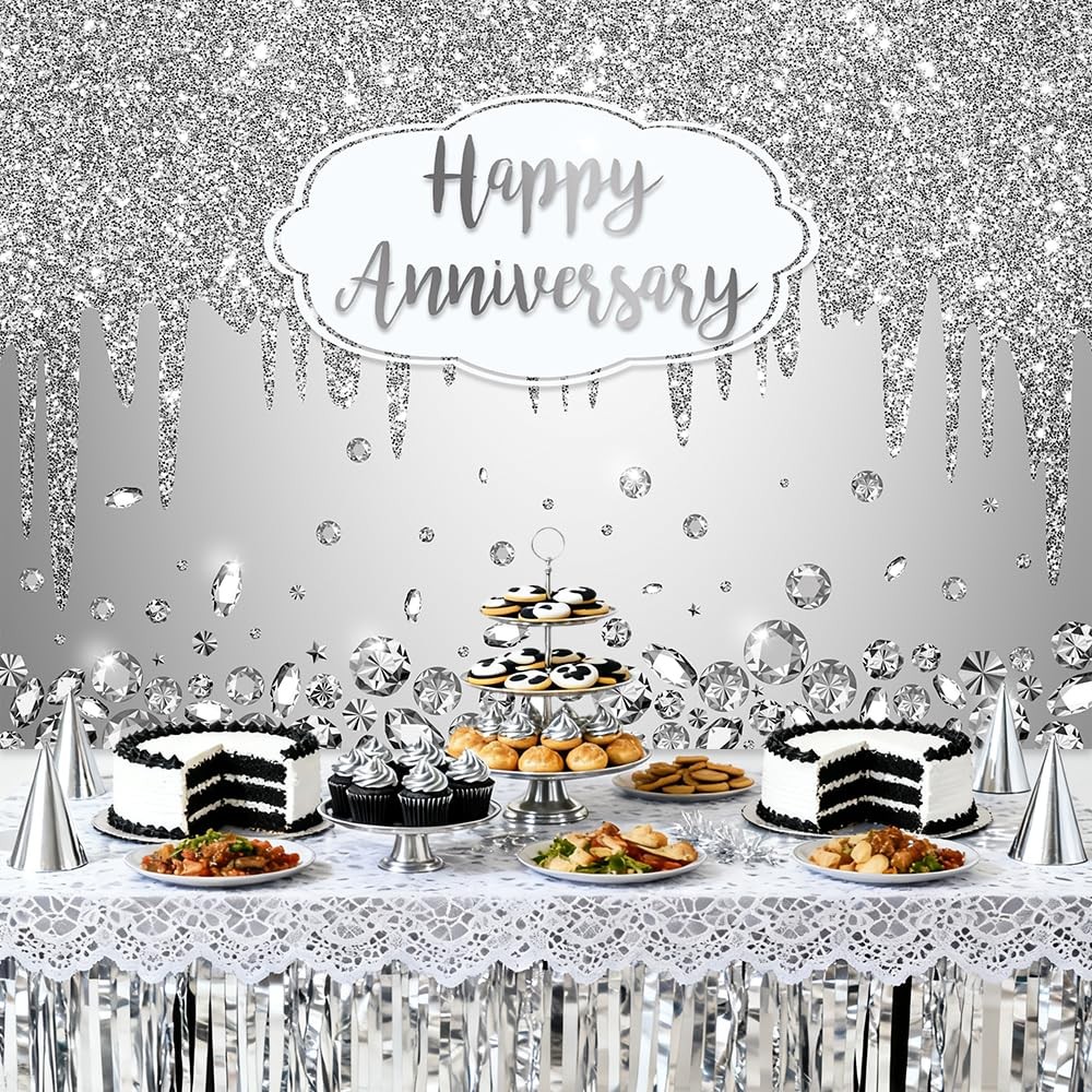 AIBIIN 7x5ft Happy Anniversary Backdrop Silver Dripping Glitter 7X5ft,