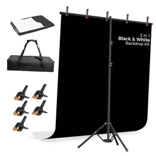 Photo Backdrop with Stand Kit 6.5x5ft, Photography Black and White 2-in-1