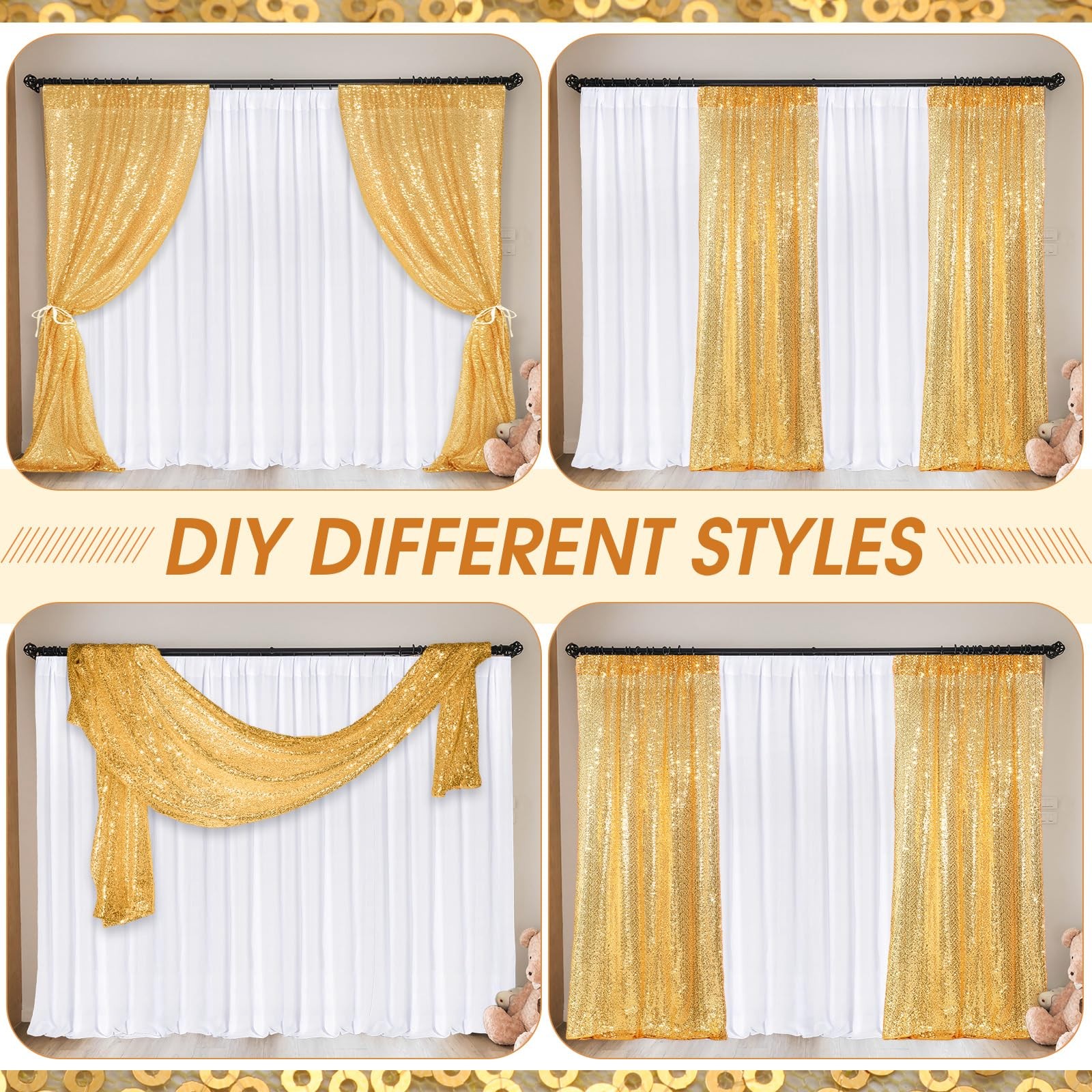 4 PCS Backdrop Curtains 2 Sequin Glitter 4×10 ft 2 Chiffon 7×10 ft White Gold